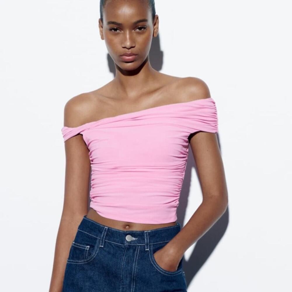 Zara Pink Ruched Asymmetrical Off Shoulder Crop Top Size S